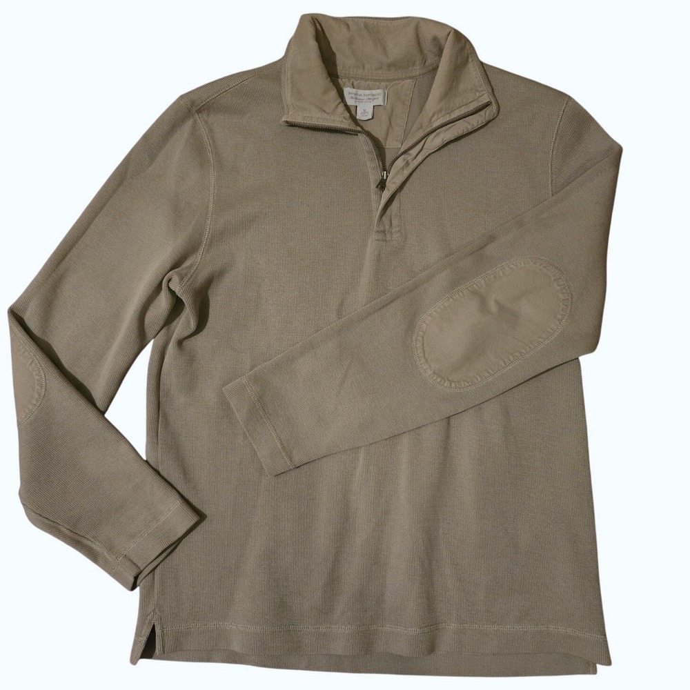 Banana Republic Sweater M Quarter Zip Taupe Ribbed Elbow Patch Knit pullover
